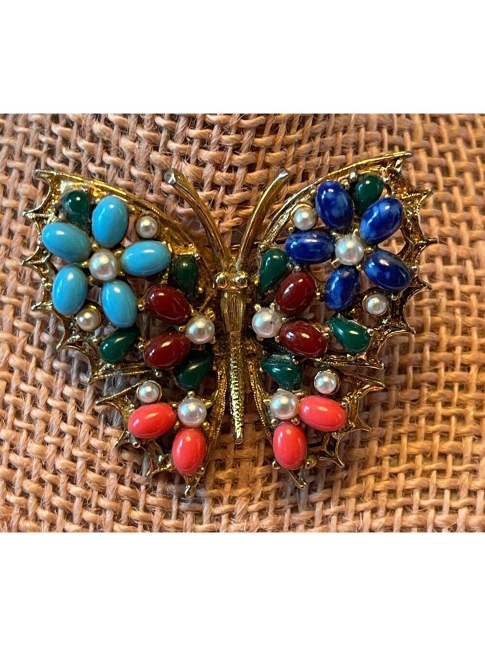 Vtg ART Colorful Butterfly Brooch With Faux Pearls & Cabochons - Multicolor Gold